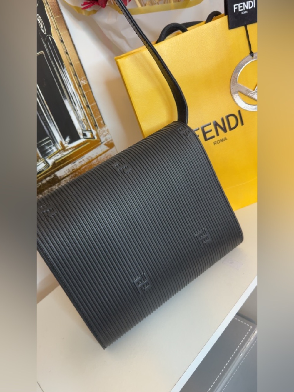 Fendi Black Ribbed Crossbody Shoulder Bag